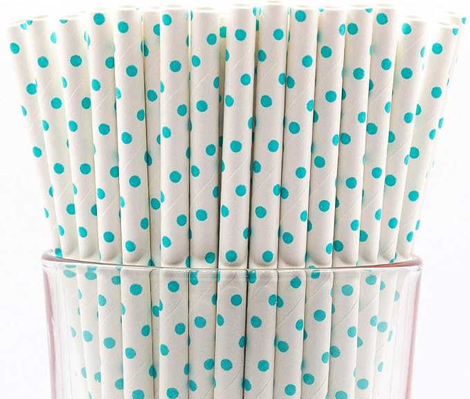 Pack of 900 Teal Blue Polka Dot Biodegradable 4-Ply Paper Drinking Straws by Stephanie+Imports