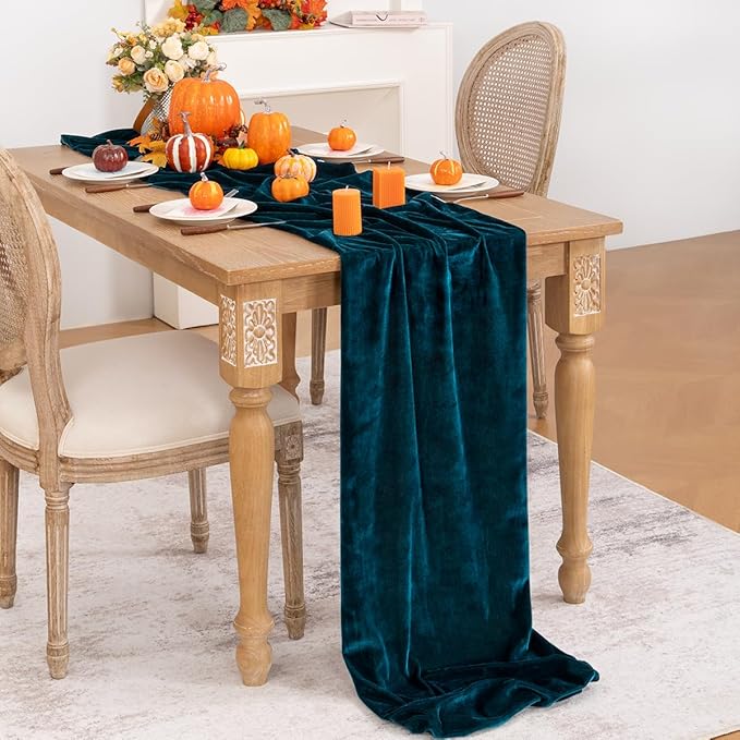 Peacock Green Velvet Table Runner 3 Pack Fall Thanksgiving Turquoise Table - Image 4