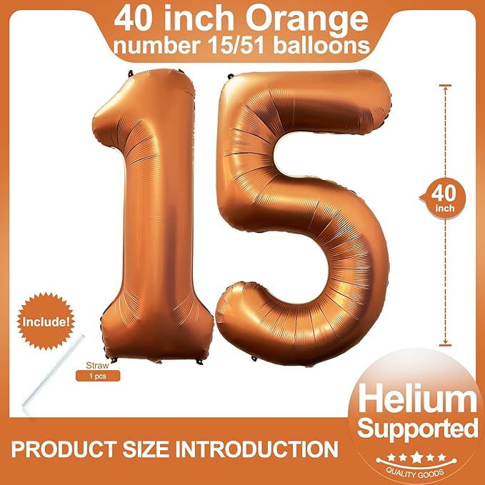 Number 15 Orange Balloons 40 Inch Giant Foil Helium - Image 2