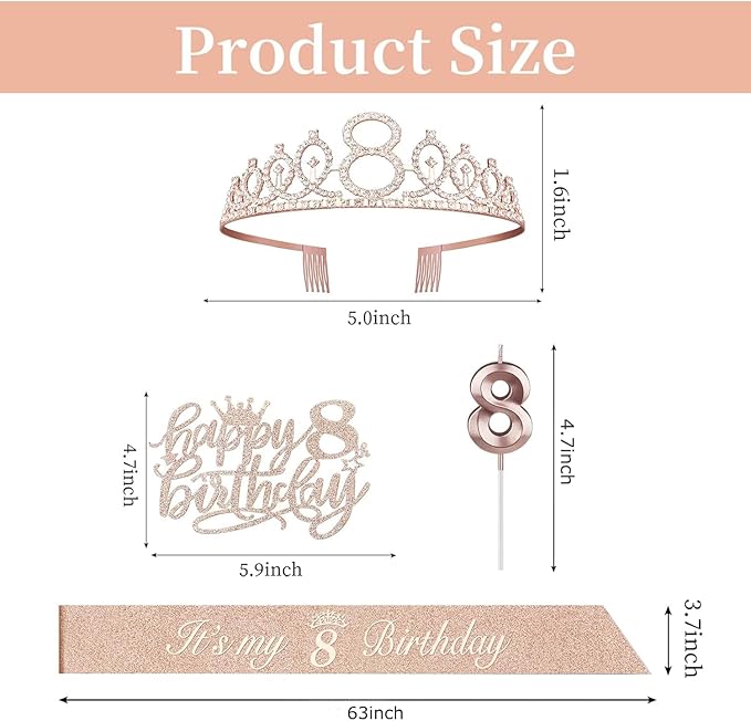 8th Birthday Decorations for Girl Including Sash, Numeral Candle and Cake Topper - Image 3