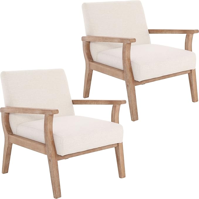 Mid Century Modern Accent Chair Set of 2, Linen Upholstered Living Room Accent by BESTANO
