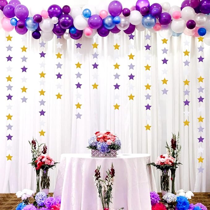 Purple-Lavender White-Gold Party-Decorations Star Garland - 62ft Streamers - Image 7