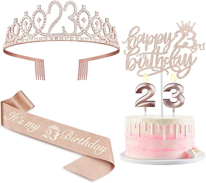 23 Birthday Decorations for Women Including Sash and Tiara, Cake Topper and by JueslyBirthdayParty
