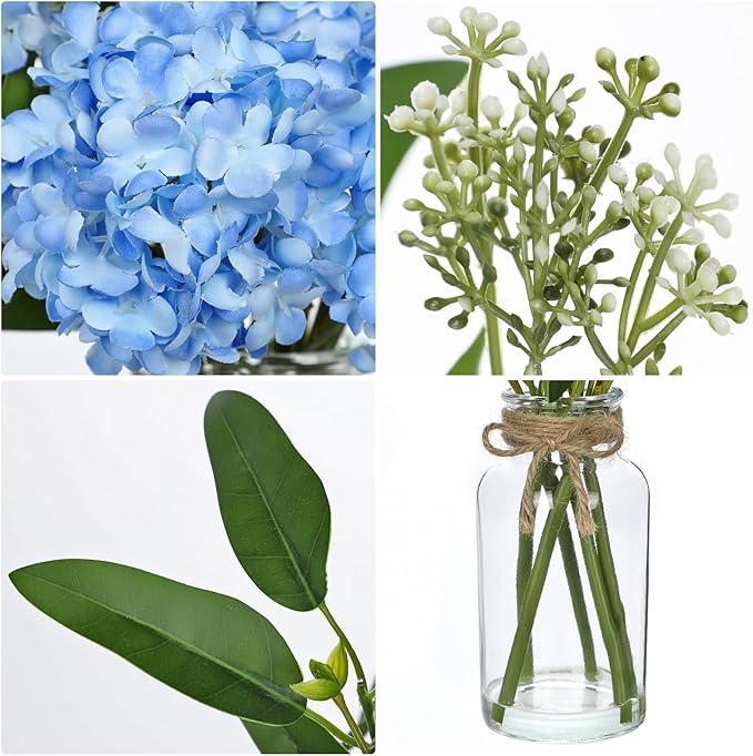 Hollyone Blue Hydrangea Artificial Flowers in Clear Glass Vase - Image 3