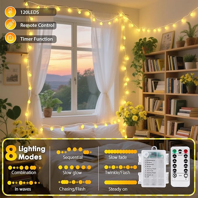 2 Pack Battery Operated String Lights - 52FT 120 LED Globe Fairy Lights - Image 5