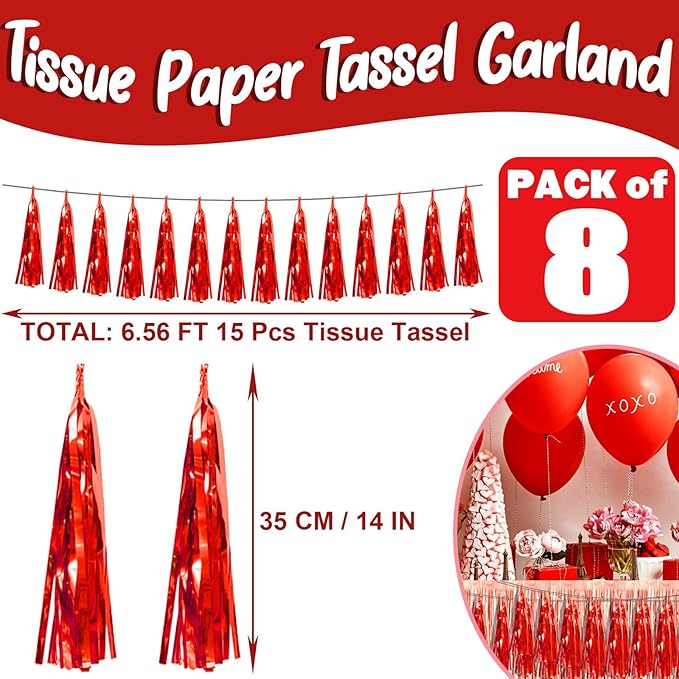8P Red Foil Fringe Metallic Tassel Streamers Banner Tassel Garland - Image 2