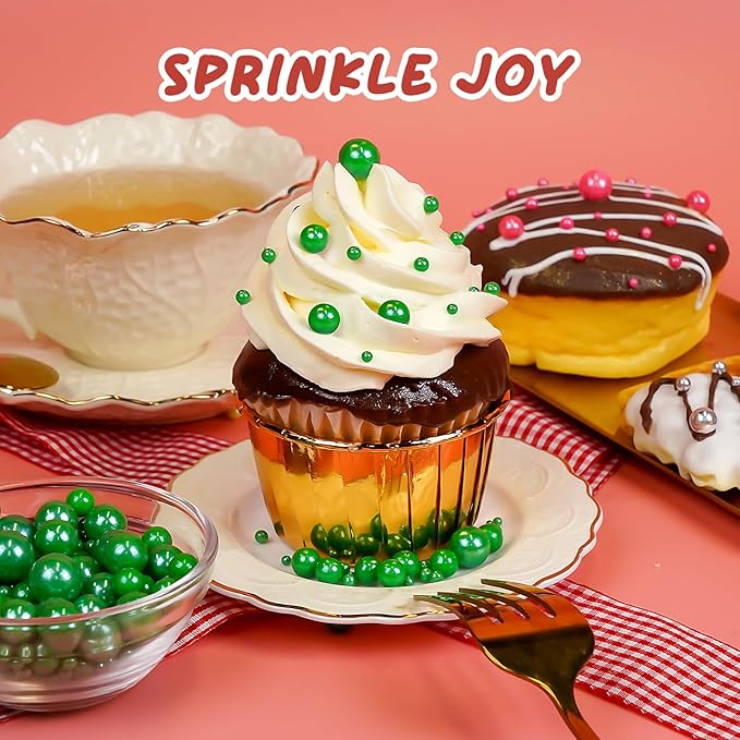 Christmas Edible Green Pearl Sprinkles, Edible Sugar Pearls - Image 4