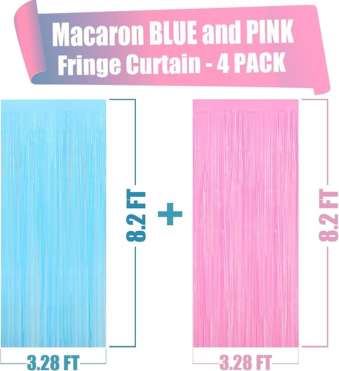 4 Pack Macaron Pink Blue Foil Fringe Curtain Backdrop, 3.28Ft x 8.2Ft Metallic - Image 2