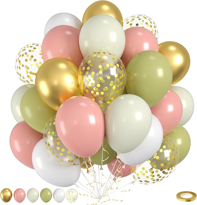 Pink And Green Balloons, Sand Cream White Balloon by Saxuxu