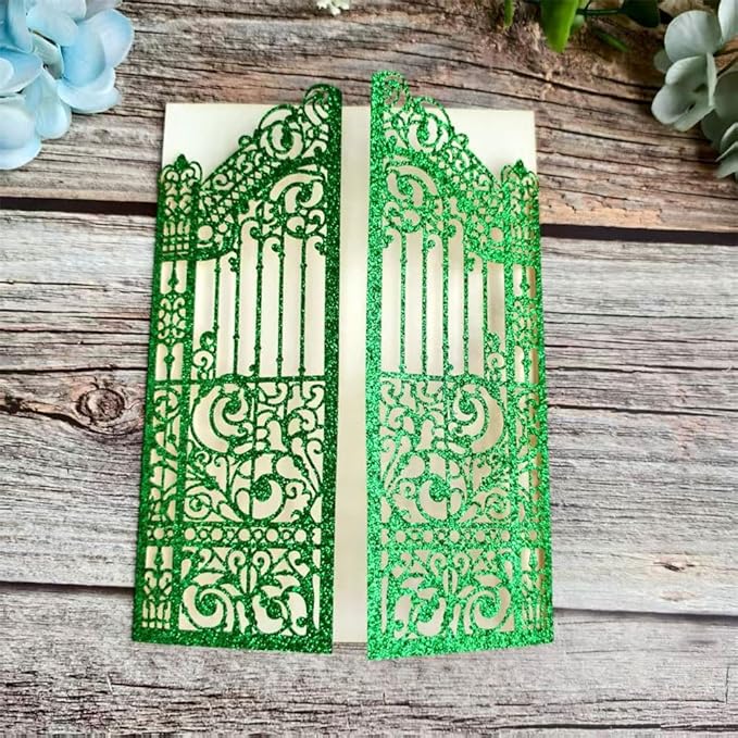 MillaSaw Glitter Green Gate Invitation Sleeve, Laser Cut Catle Invitation - Image 4