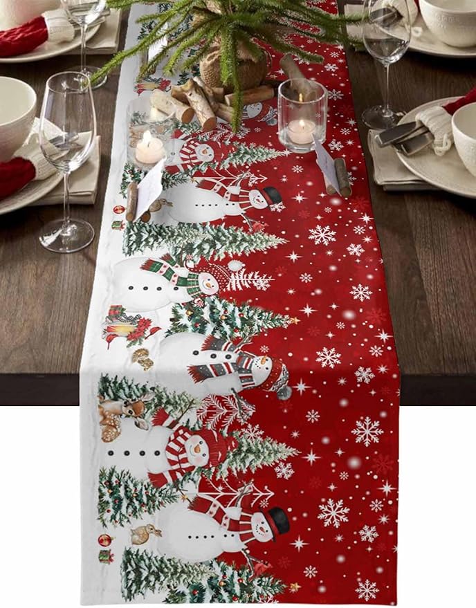 Christmas Snowman Cotton Linen Table Runner by Unknown