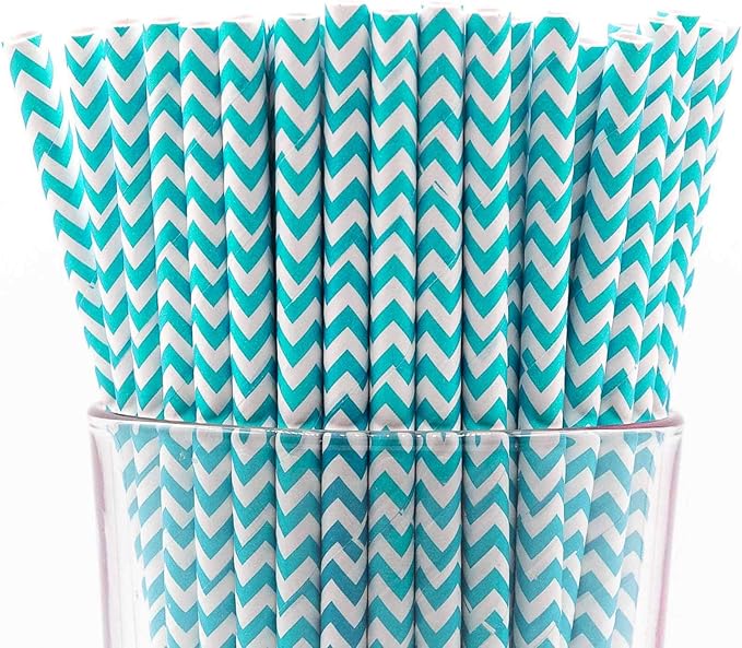 Pack of 300 Turquoise Chevron Biodegradable 4-Ply Paper Drinking Straws by Stephanie+Imports