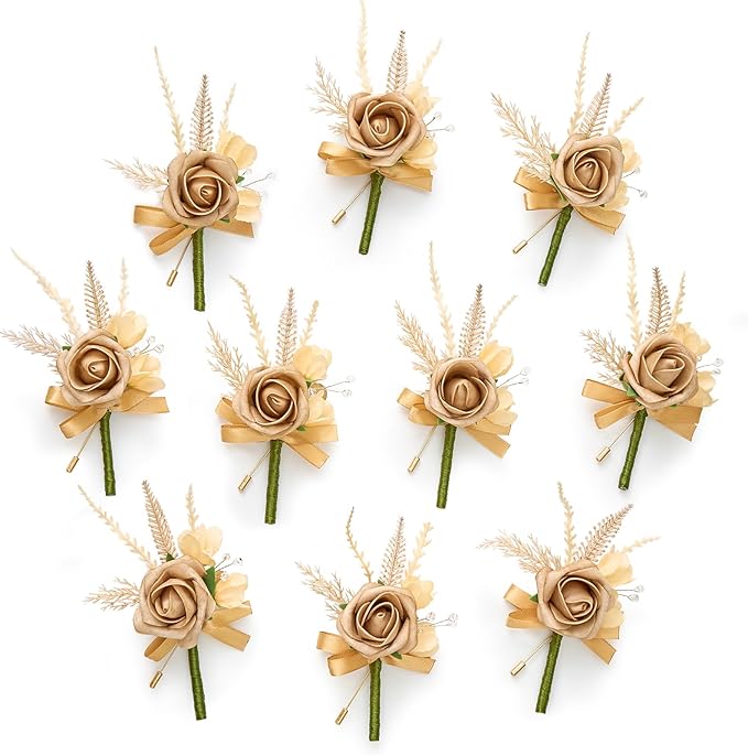 Serwalin 10Pcs Boutonniere for Men, Khaki Groom and Best Man Boutonniere by Serwalin