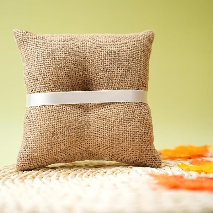 QIRMIZI 2PC Vintage Rustic Burlap Ring Bearer Pillow - Image 4