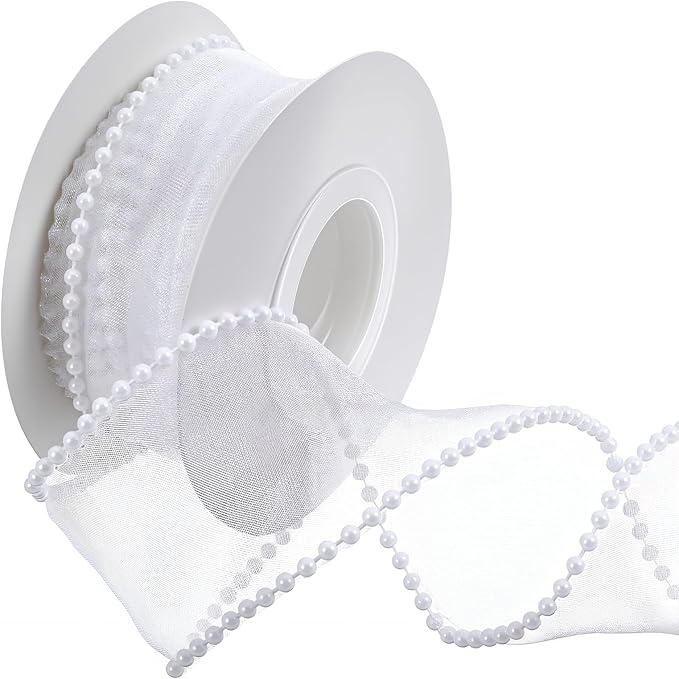 1.5 Inch Faux Pearl Ribbon, Smooth White Ribbon by Unknown