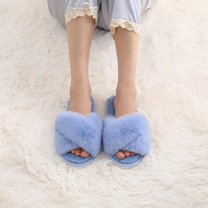 Evshine Women's Fuzzy Slippers Cross Band Memory Foam House Slippers Open Toe - Image 6
