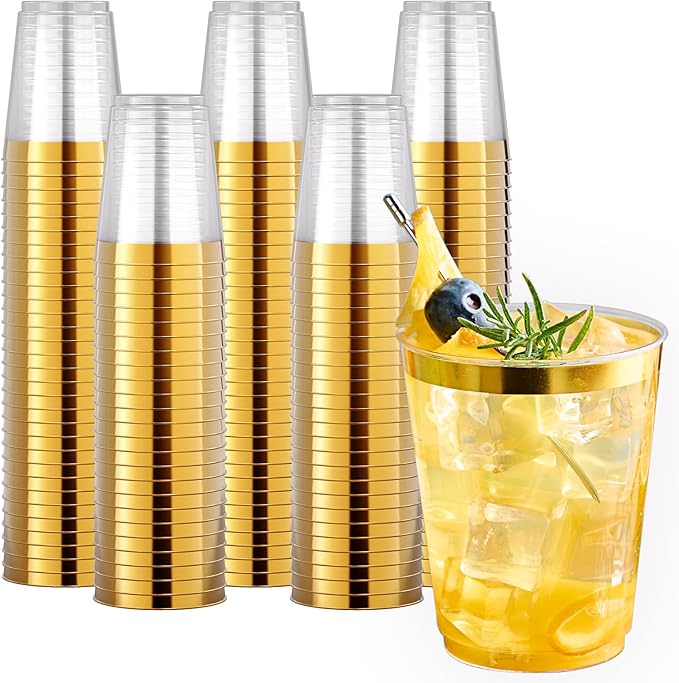 JOLLY CHEF 200 Pack 10 oz Gold Plastic Cups Elegant Gold Rimmed Disposable Cups by JOLLYCHEF