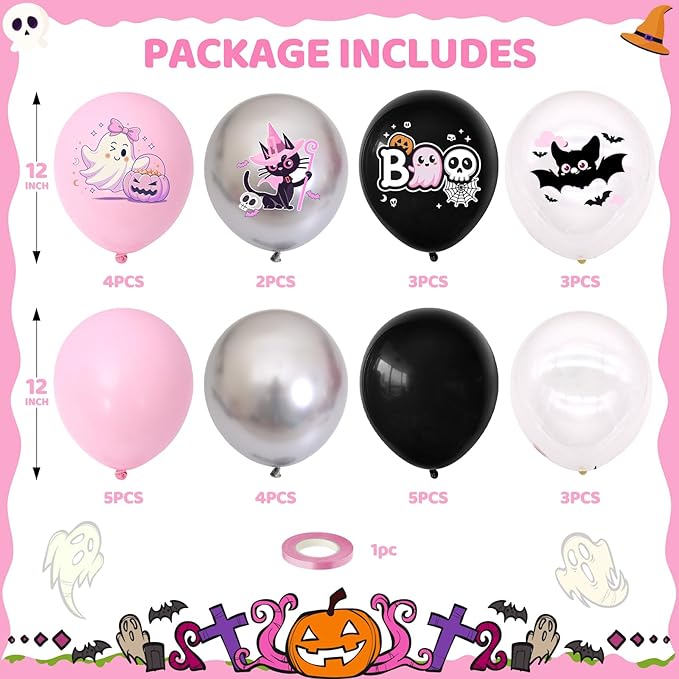 Halloween Party Balloons Decorations, 12 Inch Pink and Black Balloons Set Pink - Image 2