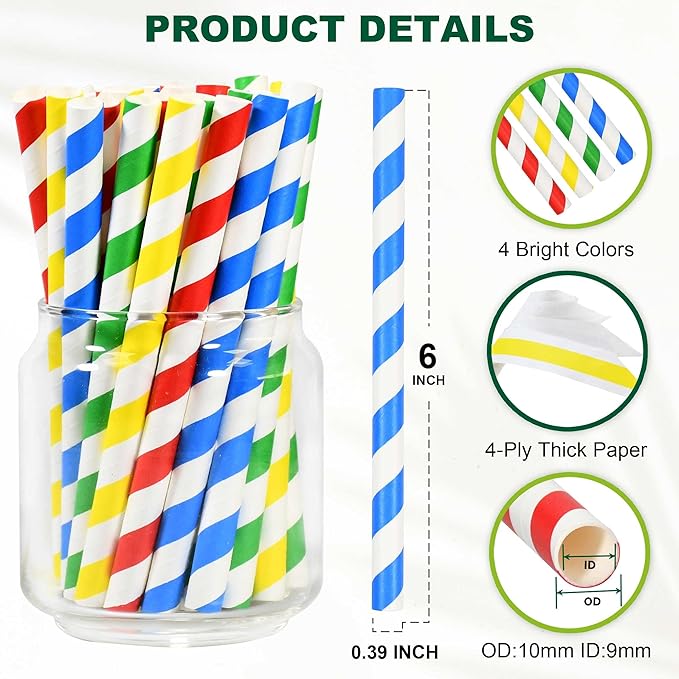 Chunspak 6" Short Fat Colorful Striped Paper Drinking Straws Disposable 100 - Image 2