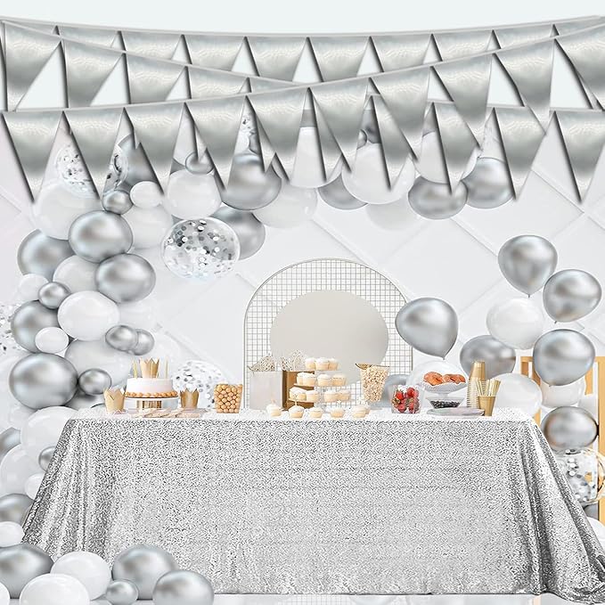20M/65FT Silver Triangle Pennant Banner Flag Metallic Fabric Bunting Garland - Image 4