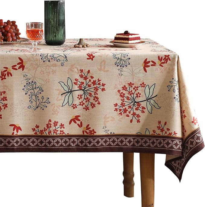 patdrea Designer Linen French Long Rectangular Table Cloth, Vintage Red Floral by Welcometopatdrea