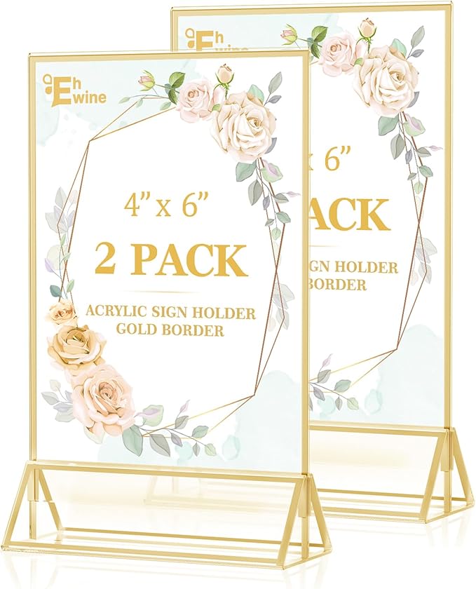 EHWINE 2 Pack Acrylic Sign Holder 4 x 6, Double Sided Gold Picture Frame Stand by EHWINE