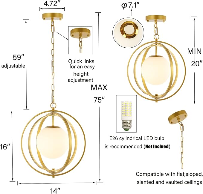 Gold Orb Chandelier 1 Light Globe Pendant Light Fixtures - Image 3