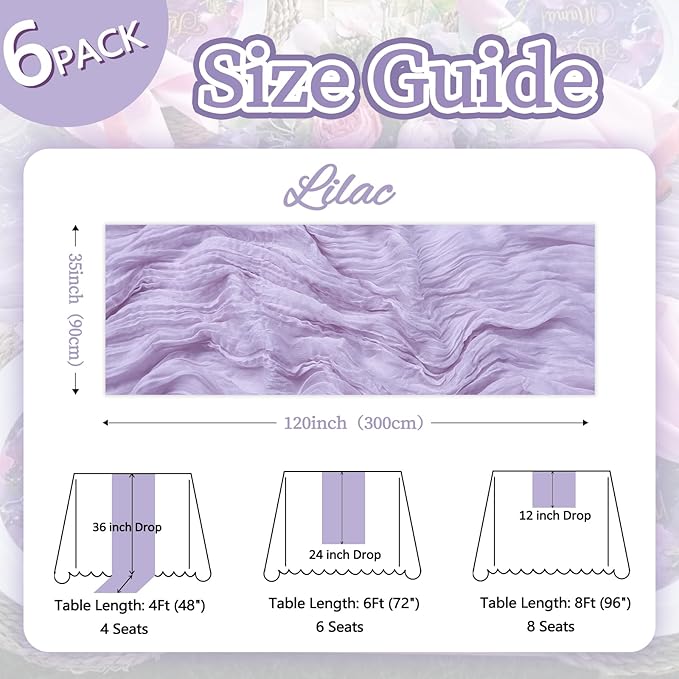 6 Pack Lilac Purple Table Runner 10ft Boho Gauze Fabric Cheesecloth Table - Image 2