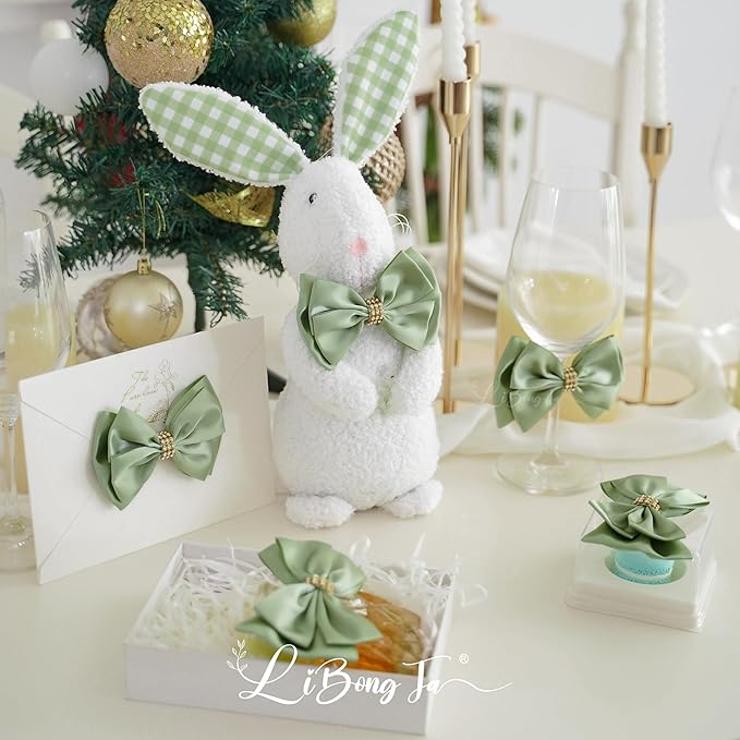 Sage Green Bows 4'' Premade Satin Ribbon Bow, Gift Bows - Image 5