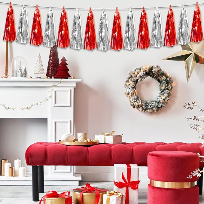 6P Red Silver Foil Fringe Metallic Tassel Streamers Banner Tassel Garland - Image 4