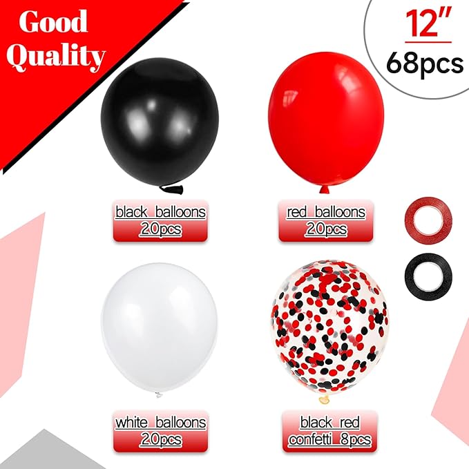 68Pcs Red Black White Latex Balloons 12 Inch - Image 2