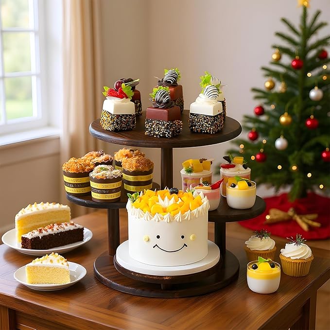 4 Tier Round Cupcake Tower Stand, Wooden Rotatable Cupcake Stand - Image 7