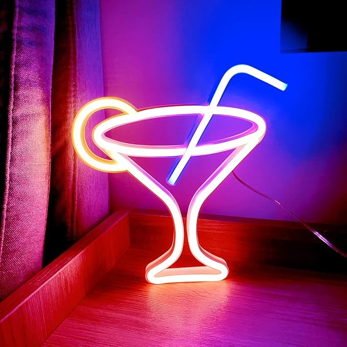 Led Cocktails Neon Sign, Wine Glass Neon Light Battery and USB Dual Powered Bar by HFHungkeong