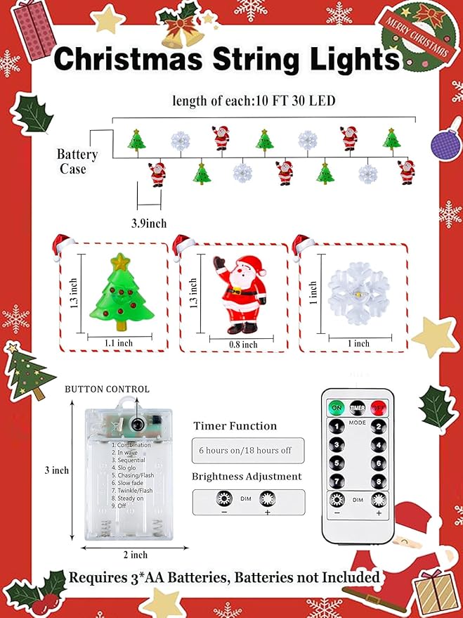 Christmas String Lights Decoration, 10ft 30LED Christmas Tree Santa Snowflake - Image 6