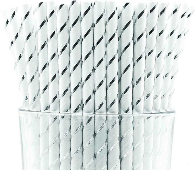Pack of 300 Silver Foil Stripes Biodegradable 4-Ply Paper Drinking Straws by Stephanie+Imports
