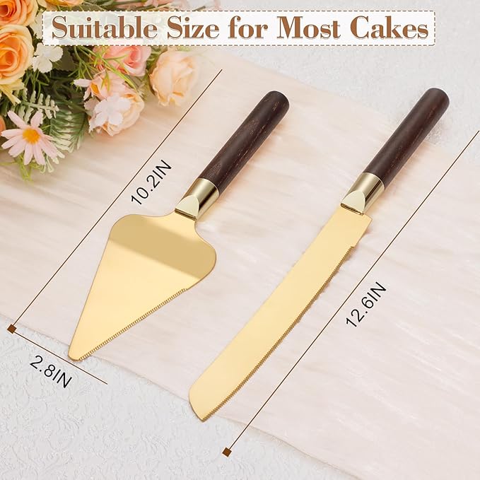 Gold Cake Cutting Set for Wedding, Wood Cake Knife and Server Set, Vintage - Image 6