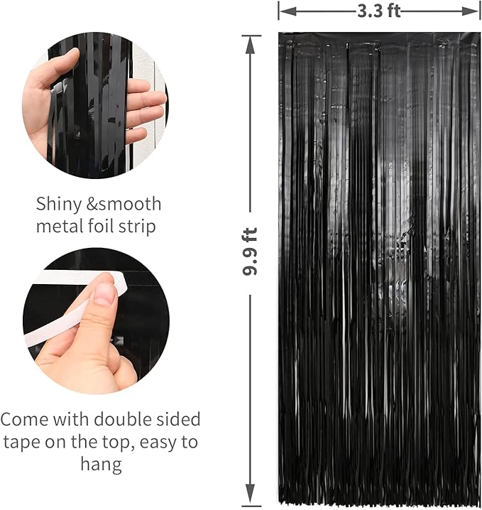 Crosize 7 Pack 3.3 x 9.9 ft Black Foil Fringe Backdrop Curtain, Streamer - Image 2