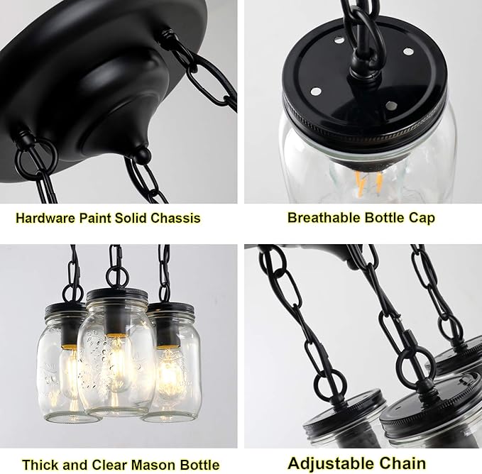 Black Pendant Lights, 3-Light Clear Glass Pendant Lights Kitchen Island - Image 6