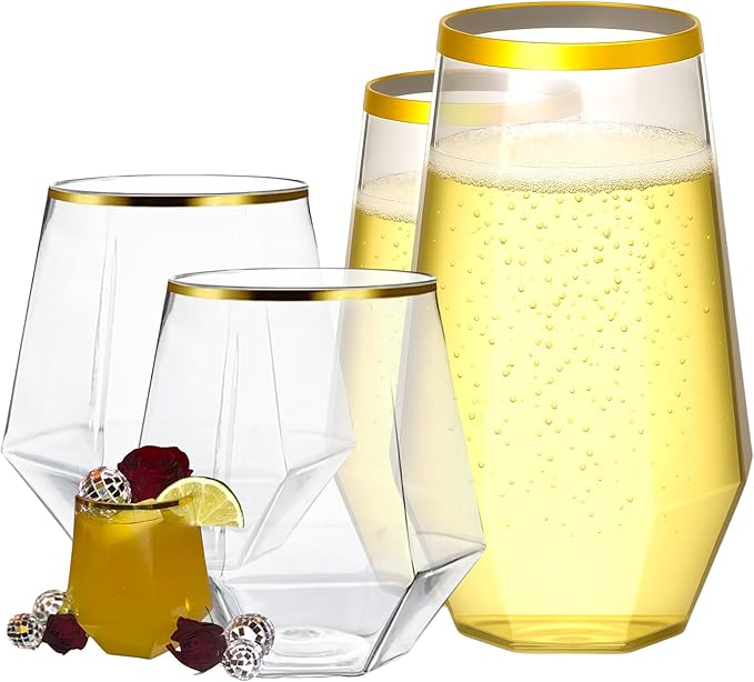 48 Pack Diamond Gold Rim Unbreakable Stemless Plastic Glasses 24 9oz Stemless by Oojami
