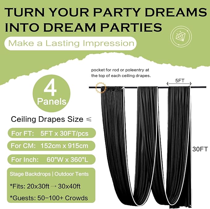 PartyVillage 4 Panels 5ftx30ft Black Ceiling Drapes - Image 7