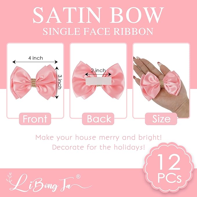 Pink Ribbon Bow 4'' Premade Pink Satin Bow, Gift Bows - Image 2