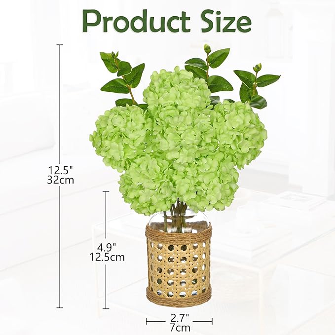 Hollyone Green Hydrangea Artificial Flowers in Woven Glass Vase - Image 6
