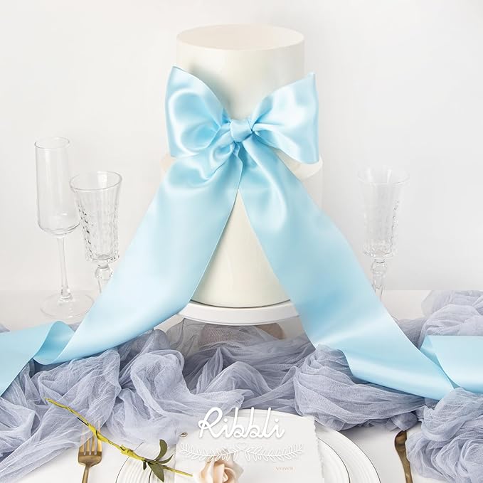 Ribbli Light Blue Satin Ribbon 4 Inch Wide Baby Blue Ribbon - Image 3