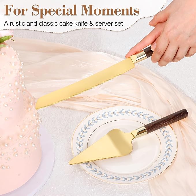 Gold Cake Cutting Set for Wedding, Wood Cake Knife and Server Set, Vintage - Image 2