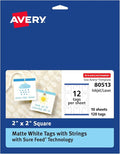 Avery Square Tags, Sure Feed Technology, Matte White, Strings Included by Avery