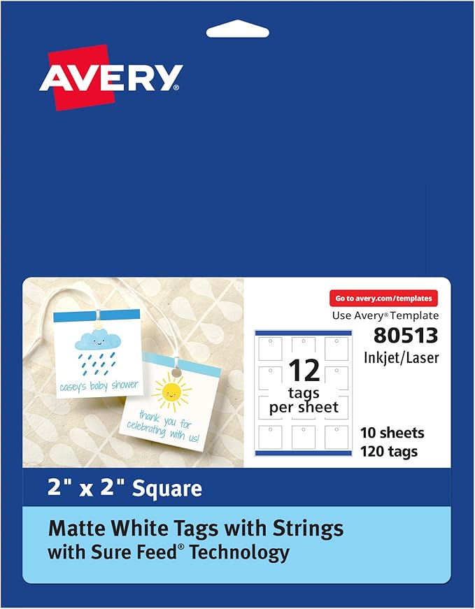 Avery Square Tags, Sure Feed Technology, Matte White, Strings Included by Avery
