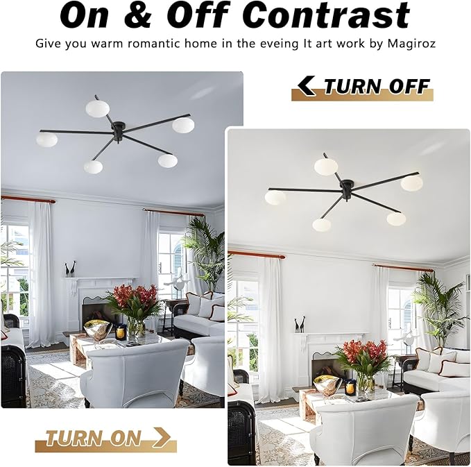 5 Lights Mid Century Modern Black Sputnik Semi Flush Mount Ceiling Light - Image 4