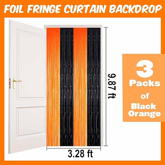3 Pack Black Orange Foil Fringe Curtains Backdrop, 3.28 x 9.8 Ft Metallic - Image 2