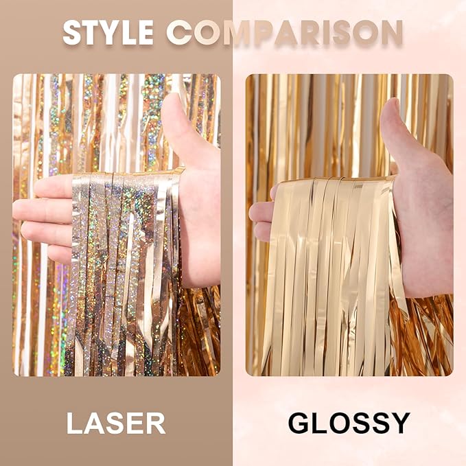 3 Pack 3.3 x 8.2 ft Laser Champagne Foil Fringe Backdrop Curtains, Tinsel - Image 3