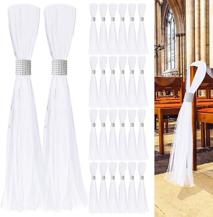 26 Sets Large White Pew Bows Tulle Wedding Aisle Chair Decorations, Extended by FEXICHUJI